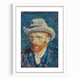 Abstract art print featuring swirling blue and yellow patterns on a white framed canvas.