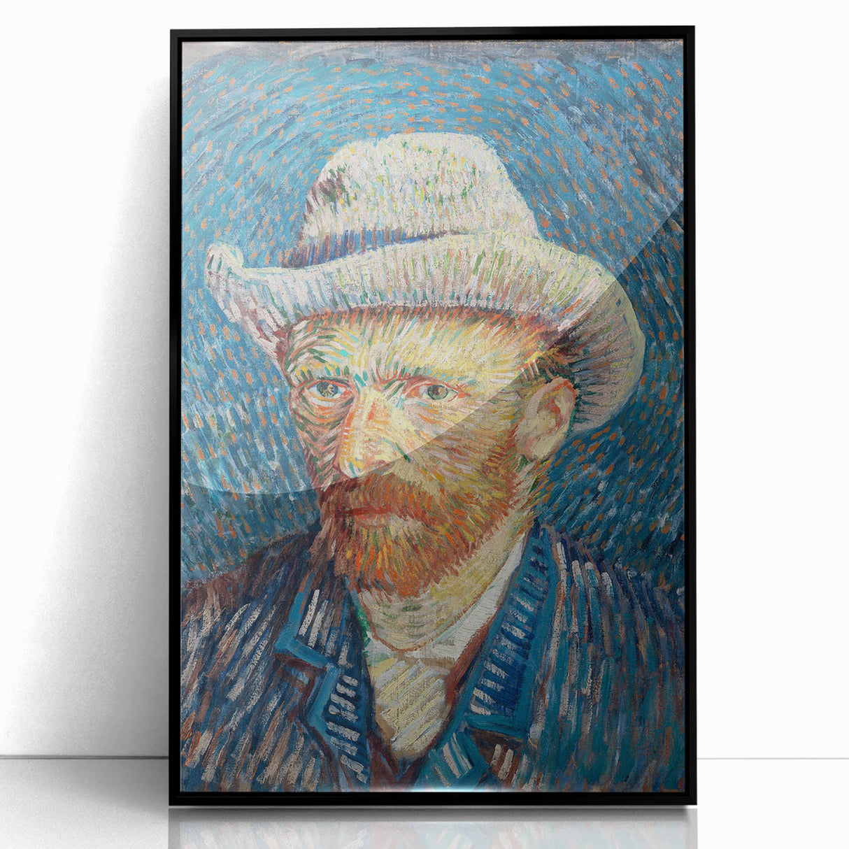 Large abstract wall art print in mid-century modernist style, featuring swirls of blue and yellow on a framed acrylic.