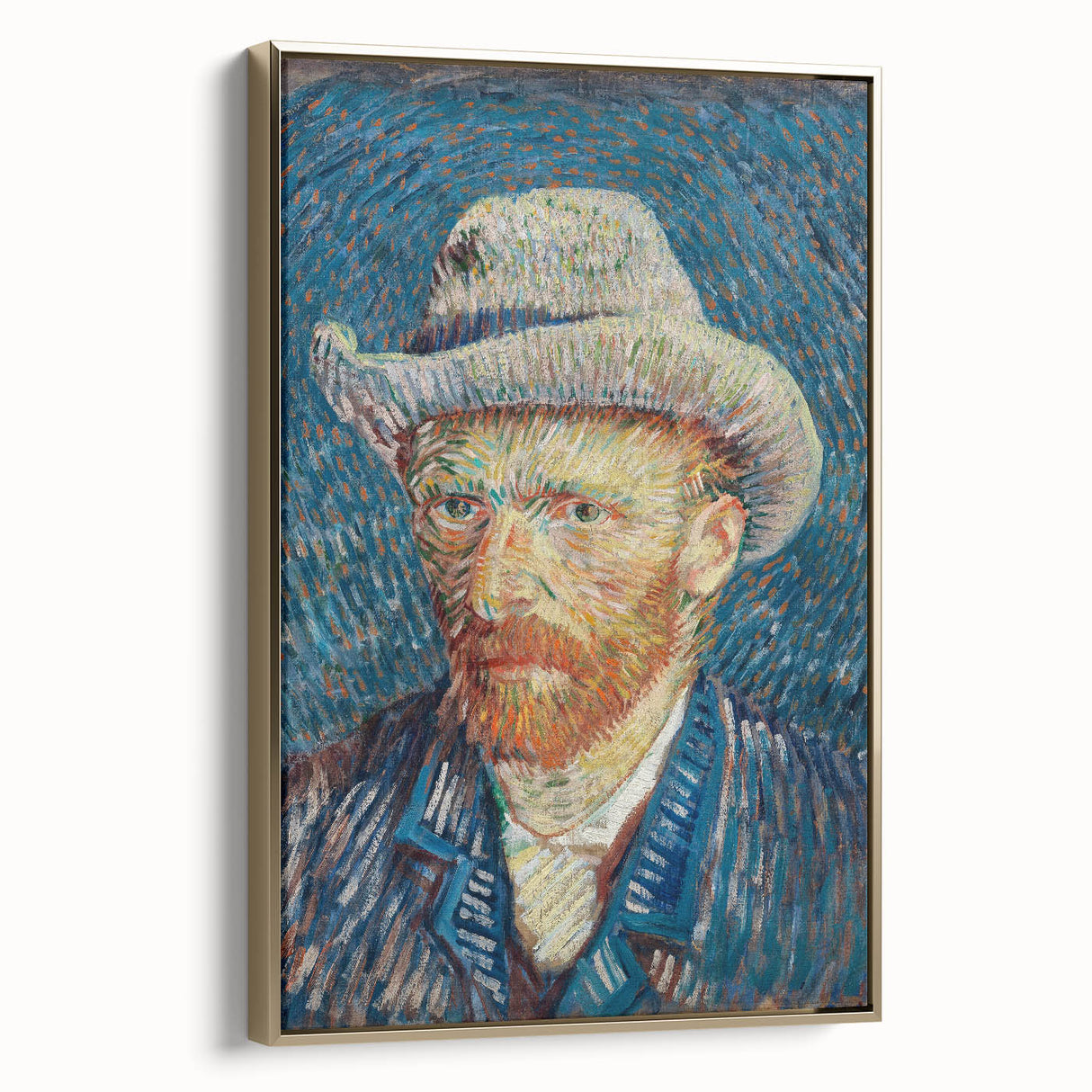 Side view of a framed canvas depicting a Van Gogh landscape with vibrant colors.