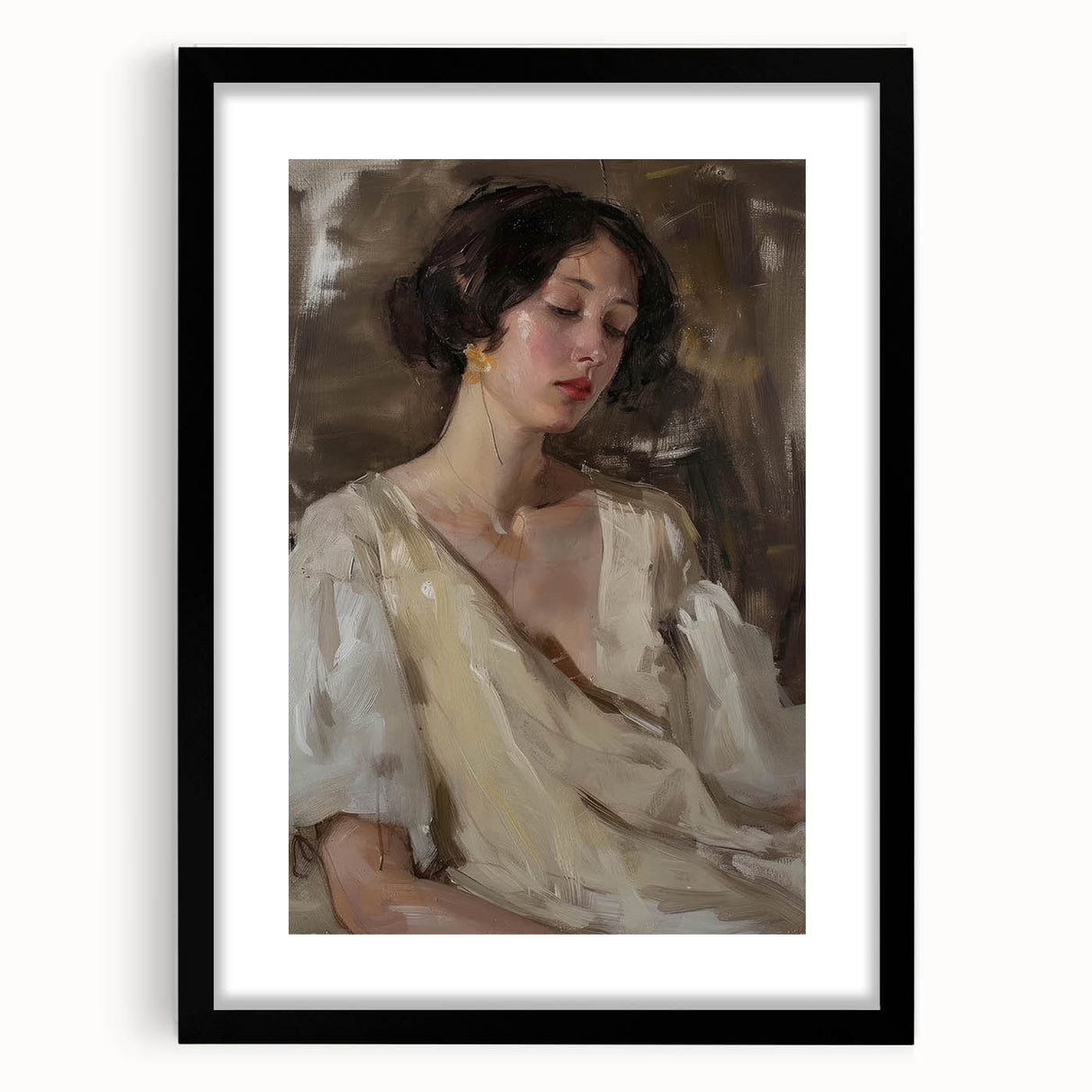 Abstract figurative art print in a sleek black frame, showcasing a modern design with vibrant colors and intricate shapes, perfect for contemporary decor.