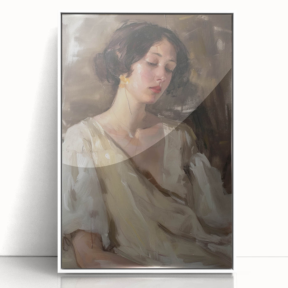 Framed abstract figurative art piece in acrylic with a white border, showcasing vibrant colors and dynamic shapes, ideal for modern home decor.