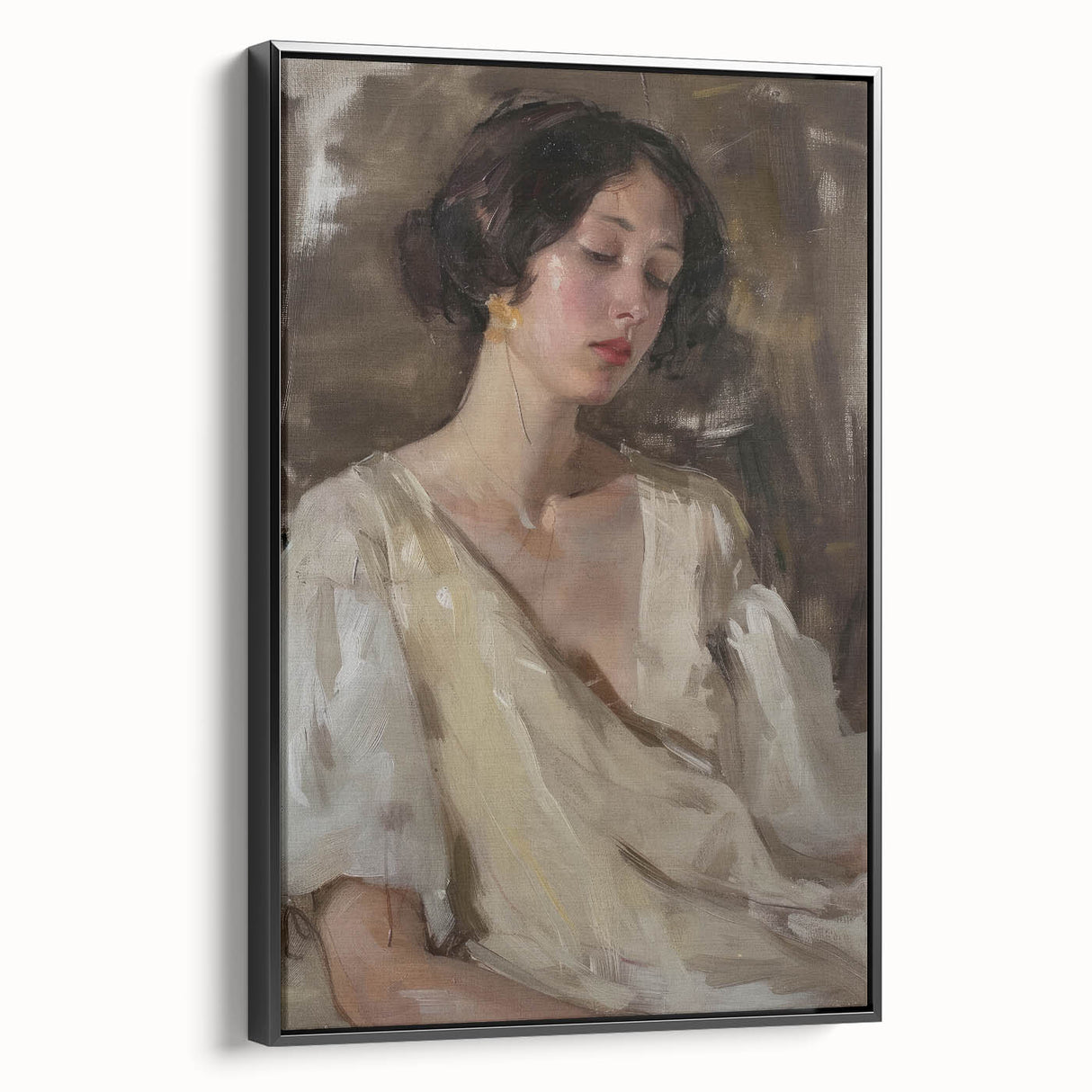 Framed abstract figurative wall art canvas with a sleek black frame, showcasing vibrant colors and unique shapes, perfect for modern home décor.