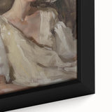 Close-up view of a framed abstract figurative canvas art piece, showcasing vibrant colors and intricate details, perfect for modern interior decor.