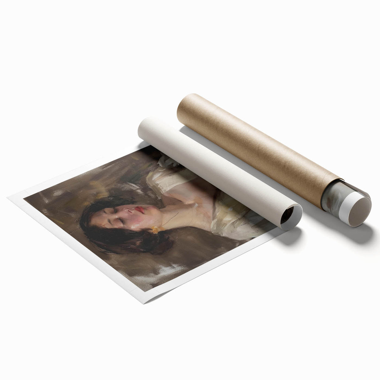 Abstract figurative rolled print showcasing vibrant colors and dynamic shapes, elegantly packaged in a cardboard tube, perfect for modern home decor enhancement.