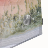 Abstract landscape artwork featuring vibrant colors and fluid shapes, captured in a close-up view on acrylic glass, enhancing the depth and clarity of the design. Perfect for modern home decor.