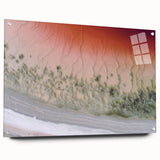 Abstract landscape artwork printed on acrylic glass, showcasing vibrant colors and a layered design. Ideal for modern home decor, it includes pins for easy mounting.