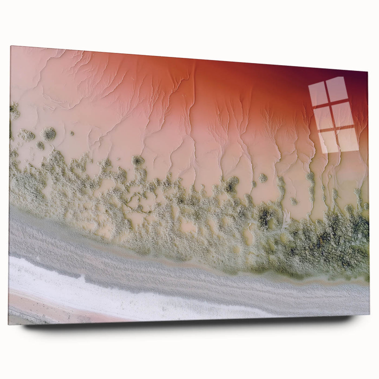 Colorful abstract landscape design printed on acrylic glass, showcasing vibrant hues of blue, green, and yellow in a side view, ideal for modern home decor.