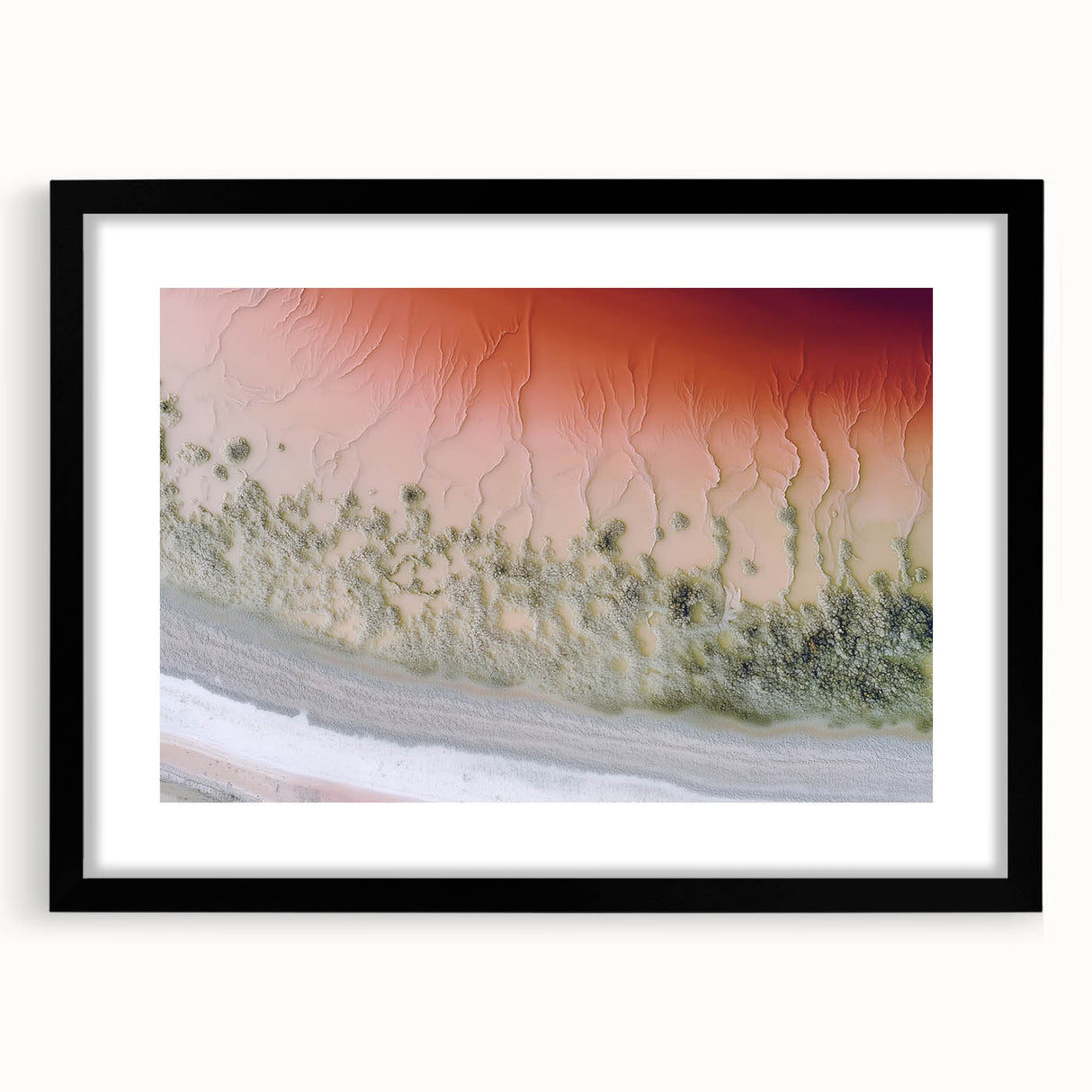 Abstract landscape artwork framed in sleek black, showcasing vibrant hues and intricate textures, ideal for modern interior decor. Perfect for enhancing contemporary spaces.
