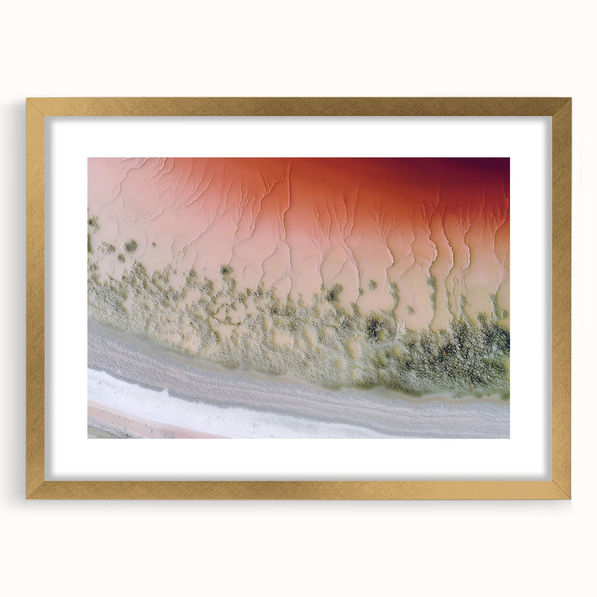 Abstract landscape artwork framed in gold, showcasing vibrant hues of blue and green, ideal for modern home decor. The mat adds elegance to the design, enhancing its appeal for art enthusiasts.