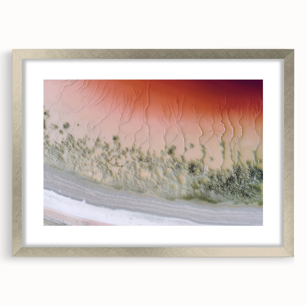 Abstract landscape framed art piece with a silver mat, showcasing subtle hues of blue and green against an elegant frame, perfect for modern decor.