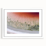 Abstract landscape art print framed in a white mat, showcasing soft hues of blue and green, ideal for contemporary home decor and art enthusiasts.