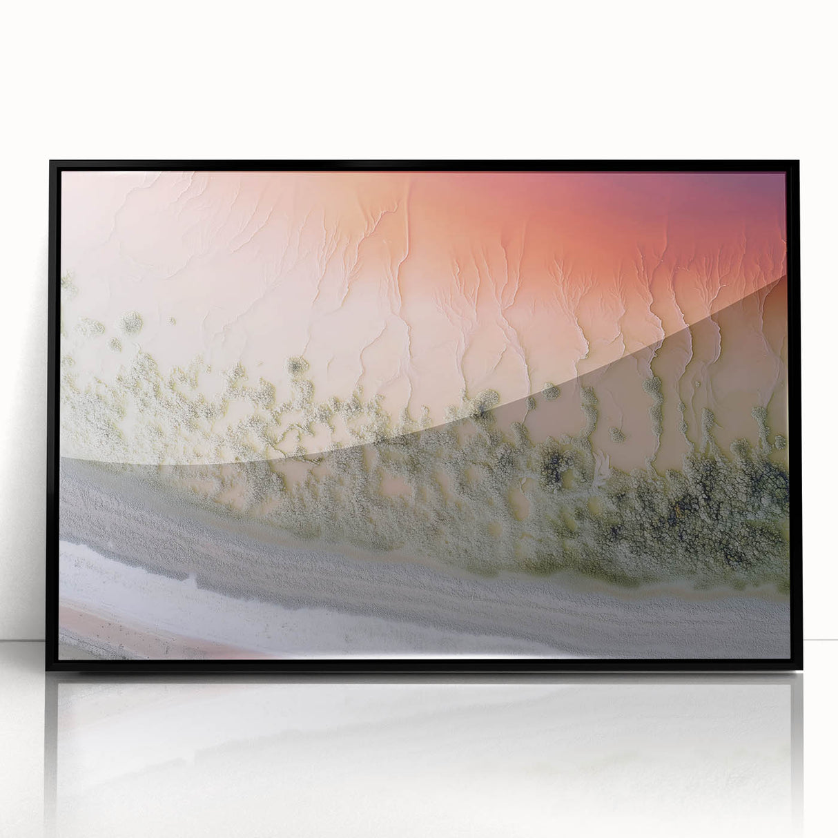 Framed abstract landscape artwork in black acrylic, showcasing a modern design with vibrant colors and intricate details, perfect for contemporary home decor.