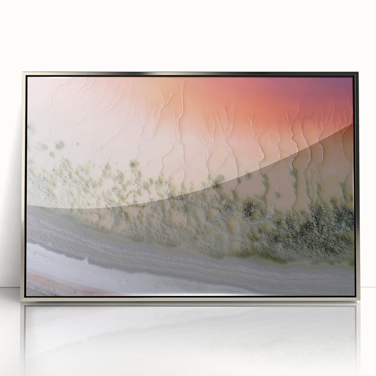 Framed abstract landscape artwork in silver acrylic, showcasing a serene blend of muted blues and greens, perfect for modern home decor or office settings.