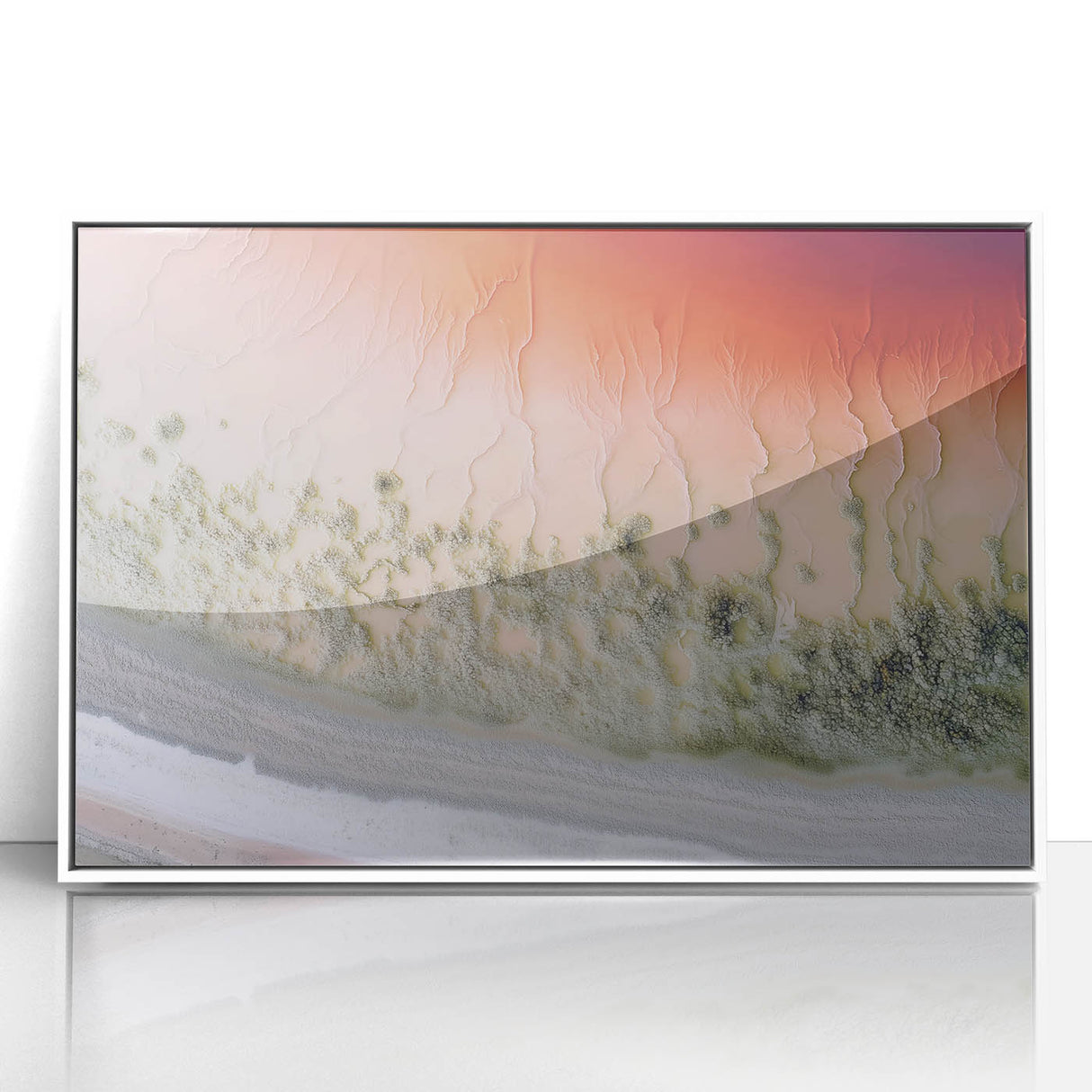 Framed acrylic artwork showcasing a vibrant abstract landscape in shades of blue and green, designed to enhance modern home decor with its contemporary aesthetic.