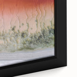 Close-up of a framed abstract landscape canvas featuring vibrant colors and intricate textures, perfect for modern home decor and art enthusiasts.