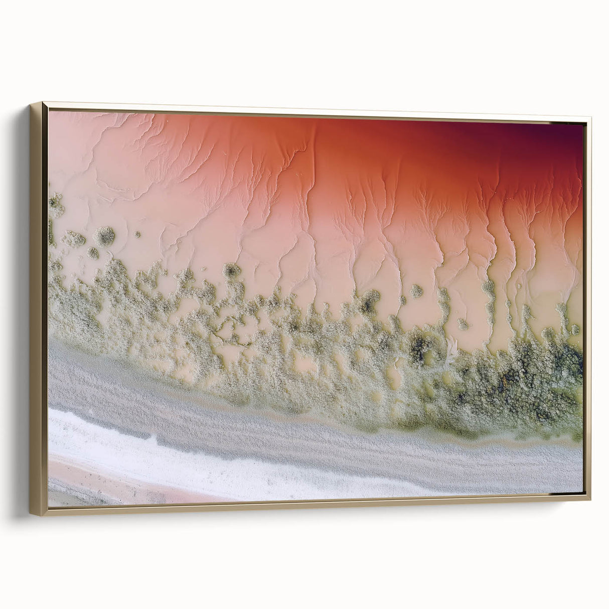 Framed canvas artwork depicting an abstract landscape with golden hues, showcasing a modern design. Perfect for enhancing contemporary home decor.