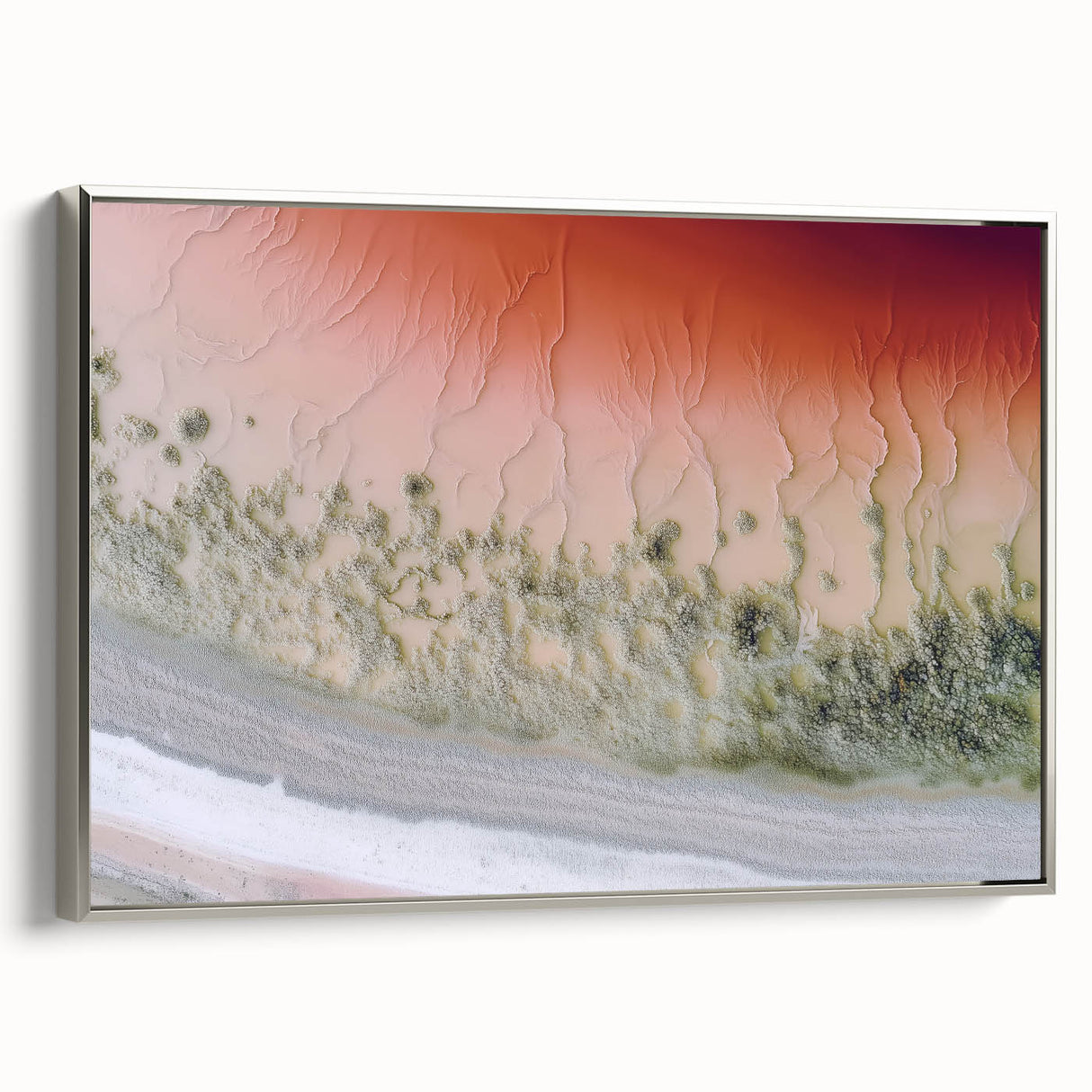 Framed abstract landscape canvas art with silver frame, showcasing vibrant colors and dynamic shapes, perfect for modern home decor and artistic interiors.