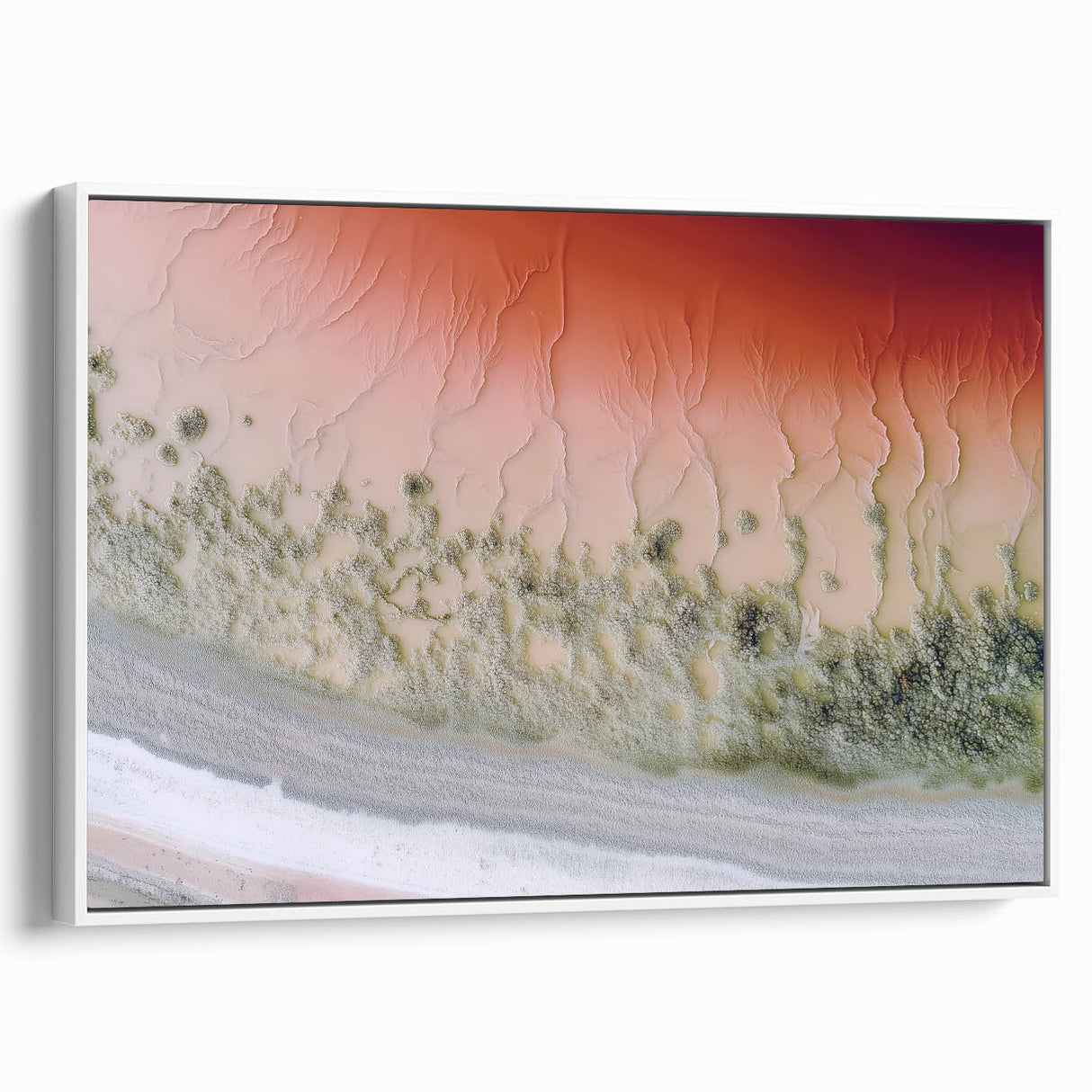 Framed abstract landscape canvas art showcasing soft white tones and dynamic brush strokes, perfect for modern home decor. Ideal for enhancing living spaces.