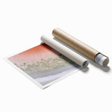 Abstract landscape rolled print showcasing vibrant colors of blue, orange, and green, depicting a serene natural scene, perfect for modern home decor.