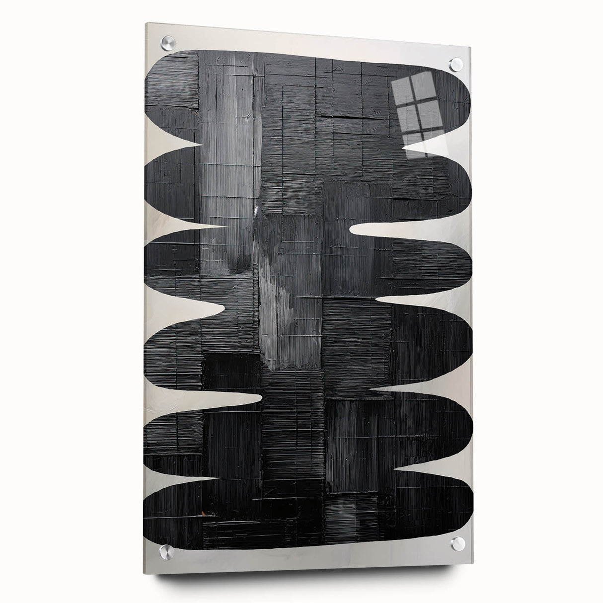Abstract minimalist wall art displayed in a side view on acrylic glass, featuring a smooth surface and held by decorative pins, perfect for modern home decor.