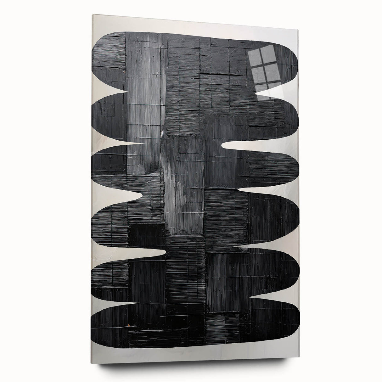 Abstract minimalist wall art displayed in a side view, featuring vibrant colors and geometric shapes on acrylic glass, designed to enhance modern decor.