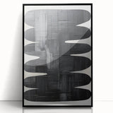 Abstract minimalist wall art framed in black acrylic, showcasing a modern design with geometric shapes and muted colors, ideal for contemporary decor.