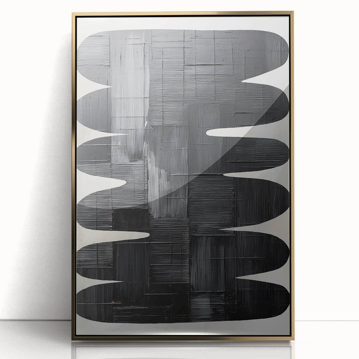Framed abstract minimalist wall art featuring a gold acrylic design, set against a sleek white background, perfect for modern home decor and stylish interiors.