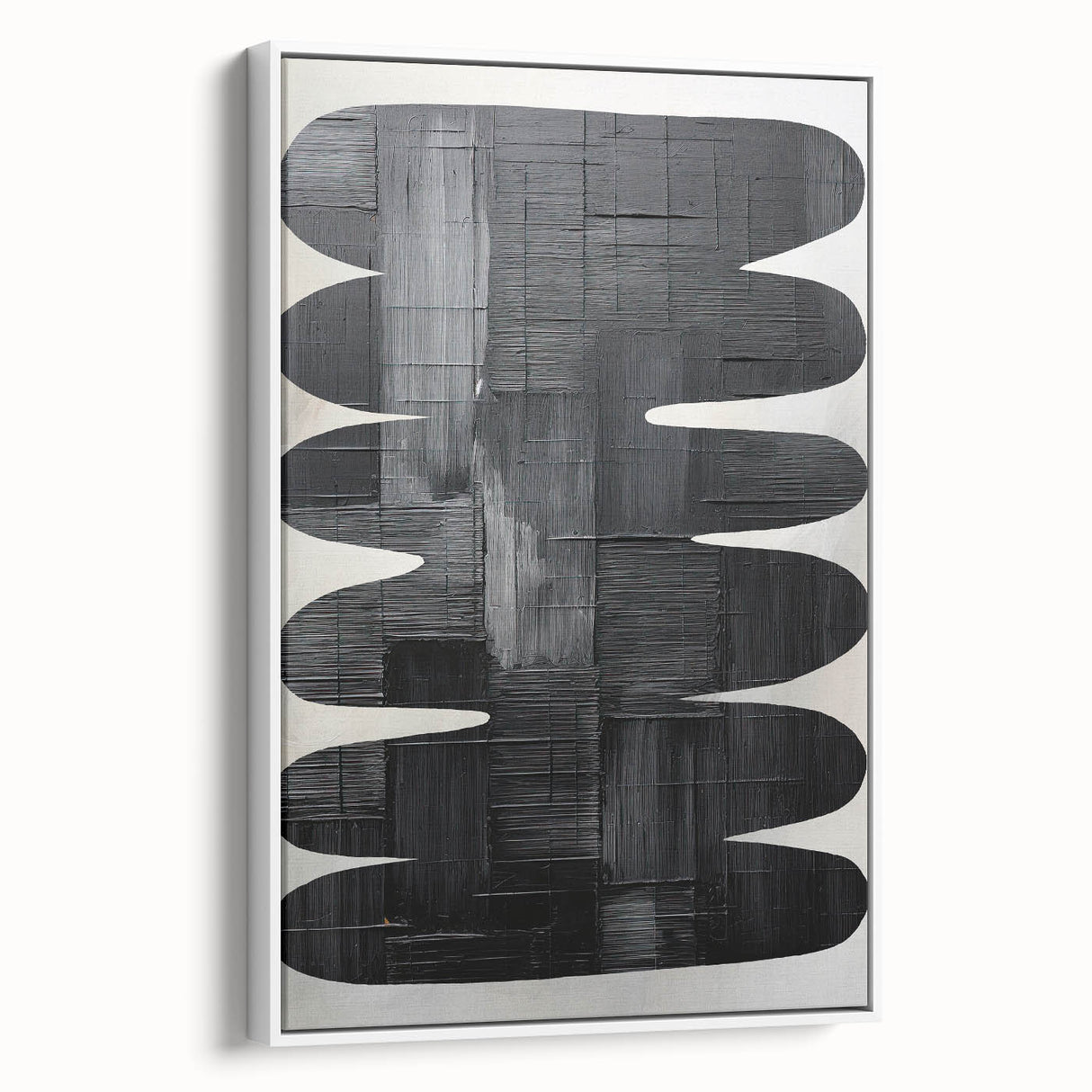 Framed minimalist wall art featuring an abstract design in neutral tones, displayed from a side view, perfect for modern decor settings and enhancing interior aesthetics.