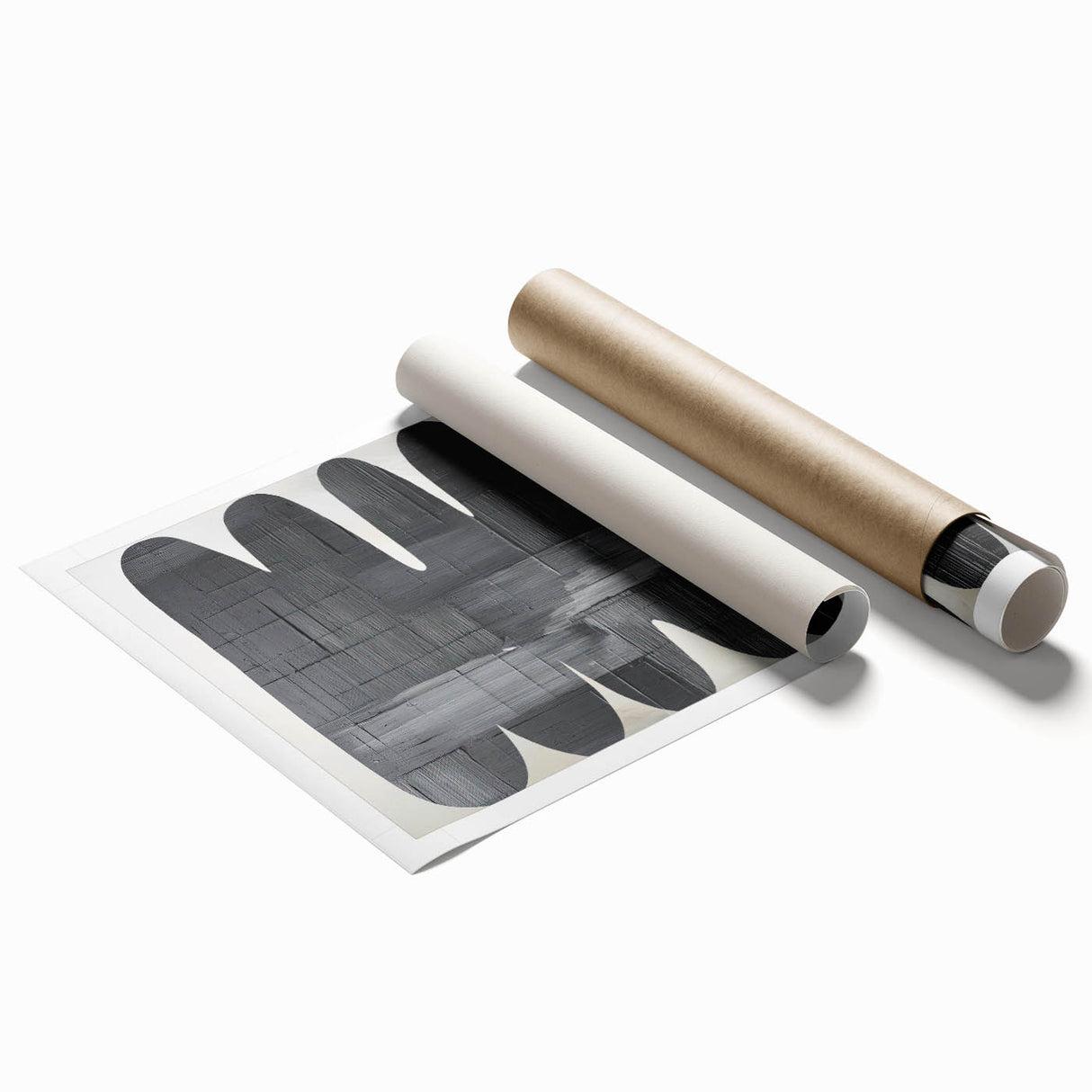 Rolled print showcasing a modern abstract minimalist wall art design with soft pastel colors, elegantly packaged in a protective cardboard tube for delivery.