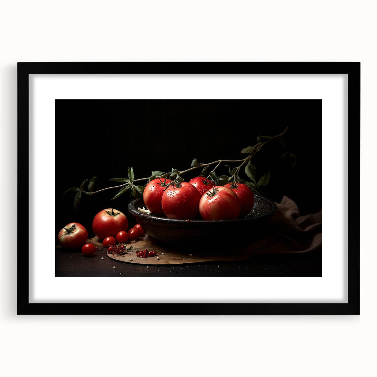 Extra large abstract art print featuring colorful, textured fruits, framed in black, ideal for living room decor.