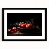 Extra large abstract art print featuring colorful, textured fruits, framed in black, ideal for living room decor.
