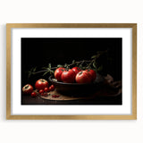 Extra large abstract art print featuring a textured design of assorted fruits in vibrant colors, framed in gold.