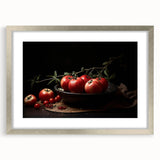 Textured art print of abstract fruits in muted earth tones, framed in silver, suitable for bedroom decor.