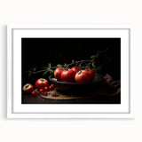 Abstract art print featuring assorted fruits in vibrant colors on a white framed mat, ideal for dining room decor.