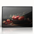 Large abstract wall art featuring an array of fruits in vibrant colors on a black acrylic framed print.