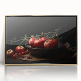 Large art print of assorted fruits in vibrant colors on a gold-framed acrylic, ideal for modern kitchen decor.