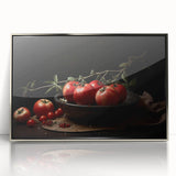 Mid-century modernist art featuring an array of colorful fruits on a silver-framed acrylic.