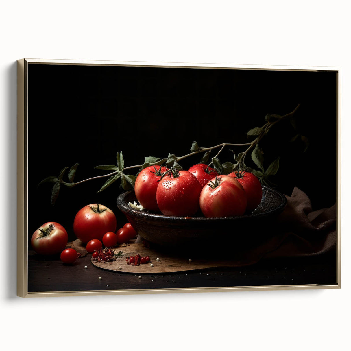 Framed canvas featuring a vintage poster of assorted fruits in a landscape layout with a black and gold color scheme.