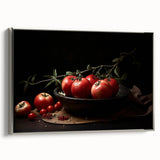 Landscape art painting of colorful fruits on a black background, framed in silver, ideal for kitchen decor.