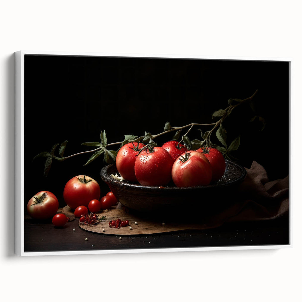 Vintage poster art of colorful fruits on a large canvas, framed in white, ideal for living room decor.