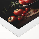 Art deco poster featuring an array of fruits in vibrant colors on rolled canvas, suitable for dining room decor.