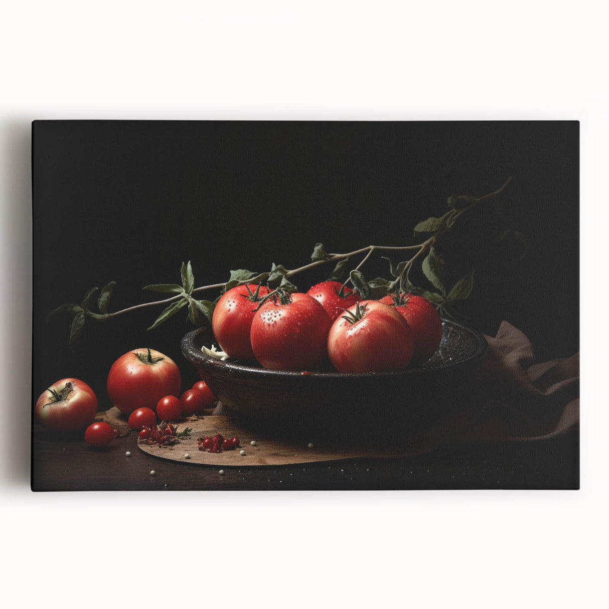 Large black and white stretched canvas featuring assorted fruits, ideal for kitchen wall art.