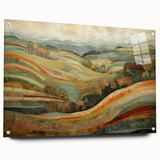 Large abstract wall art depicting fall seasons in warm orange and red tones on acrylic glass.