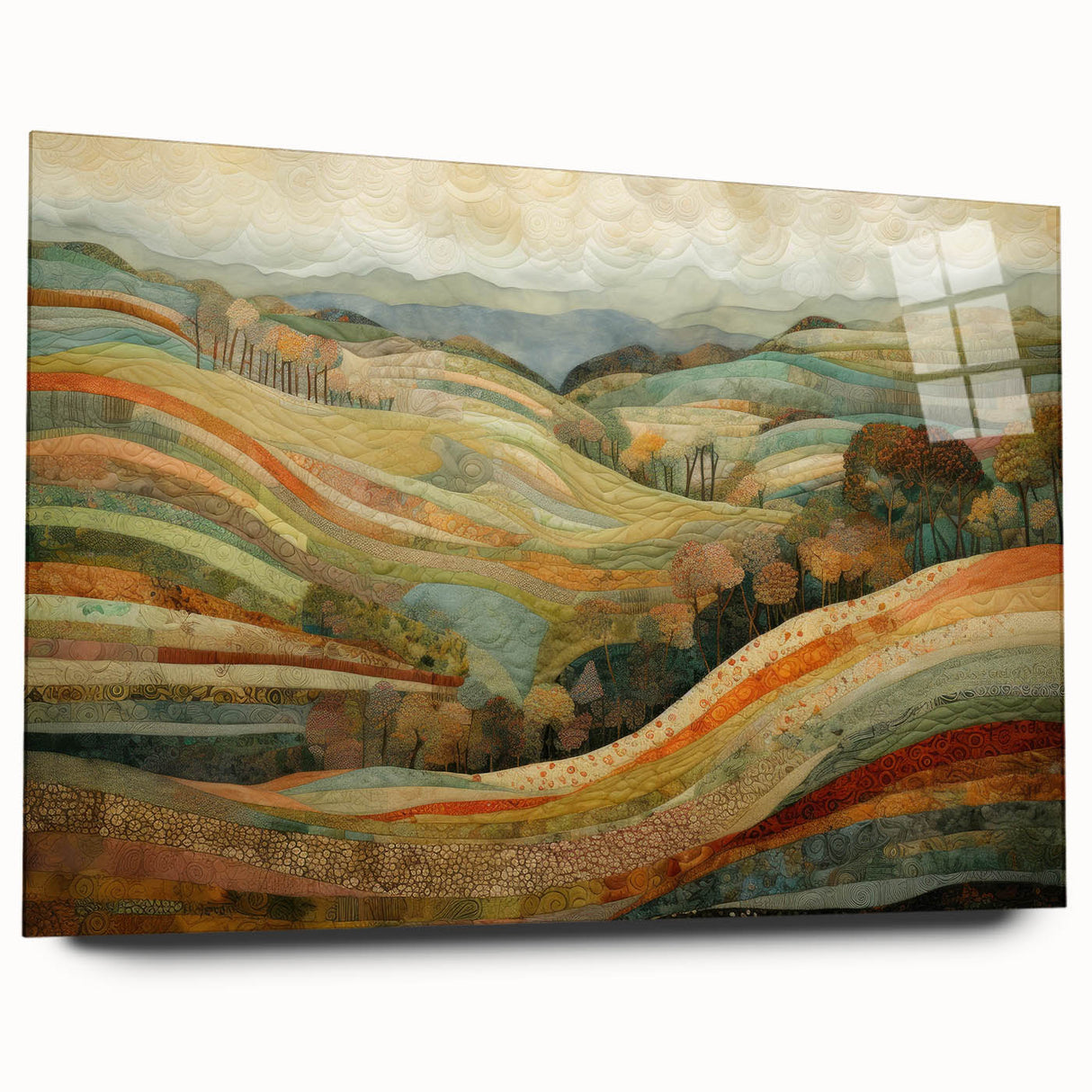 Large abstract wall art in mid-century modernist style, featuring warm autumnal hues on acrylic glass.