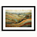 Extra large abstract art print featuring vibrant autumn hues on a textured canvas, framed in black.