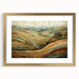 Extra large abstract art print with textured design in warm autumn hues on a gold-framed canvas, ideal for living room decor.