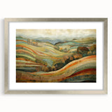 Textured abstract art print with orange and brown hues on a silver framed canvas, suitable for bedroom decor.