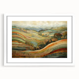 Abstract art print featuring rich orange and brown hues on a white framed canvas, ideal for dining room decor.