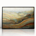 Large abstract wall art depicting autumnal trees in warm orange and yellow tones, framed in black acrylic.
