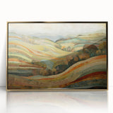 Mid-century modernist art depicting autumn trees, in warm orange and gold tones on a framed acrylic print.
